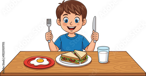 Happy cartoon boy sitting at a wooden table eating a healthy breakfast with sandwiches, a fried egg, and a glass of milk.