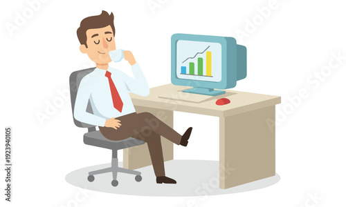 Businessman relaxing with coffee, viewing growth chart on computer