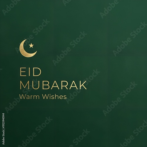 Eid Mubarak professional corporate greeting card with minimalist gold crescent moon and star icon on a dark forest green textured background, elegant holiday business banner with copy space