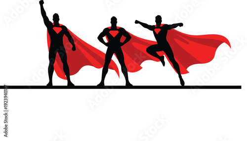 Set of three black superhero silhouettes with flowing red capes in powerful standing and flying poses for leadership teamwork and motivation vector.