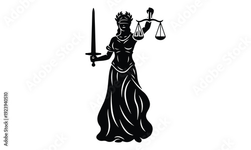 Lady Justice Silhouette Holding Sword and Scales on White