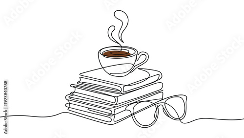 continuous line illustration of coffee cup on stack of books with glasses symbolizing education learning knowledge and study time