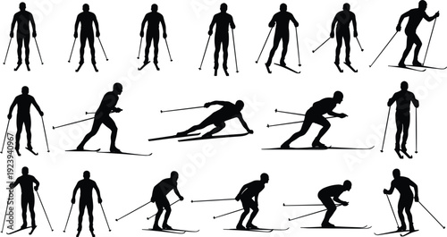 Set of black skier silhouettes featuring various downhill and cross-country skiing poses for winter sports competition mountain resort and outdoor recreation vector.