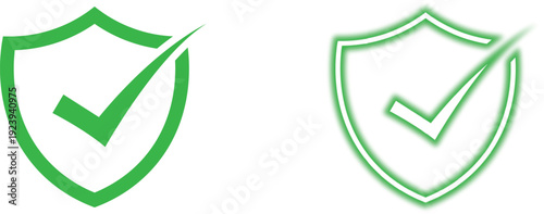 Security shield with checkmark icon in flat green and glowing neon styles for safety verification and protection guarantee on web interfaces now