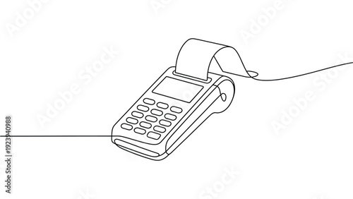 continuous line illustration of pos terminal printing receipt symbolizing digital payment retail transaction and financial technology