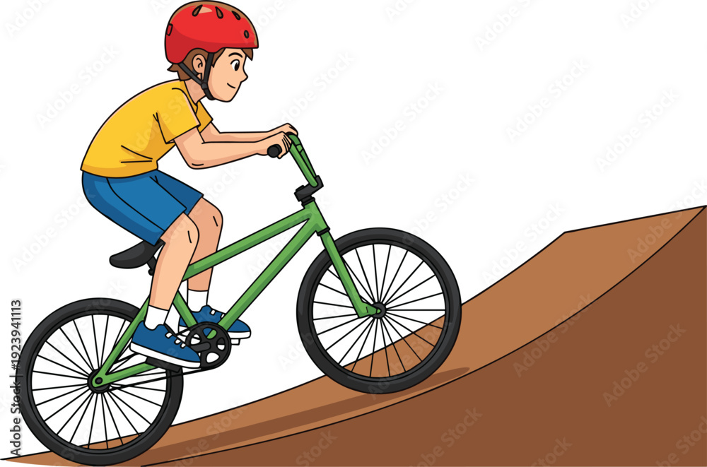 Naklejka premium Cute cartoon little boy riding a green bicycle up a hill wearing a red safety helmet for kids outdoor activity and fitness vector.