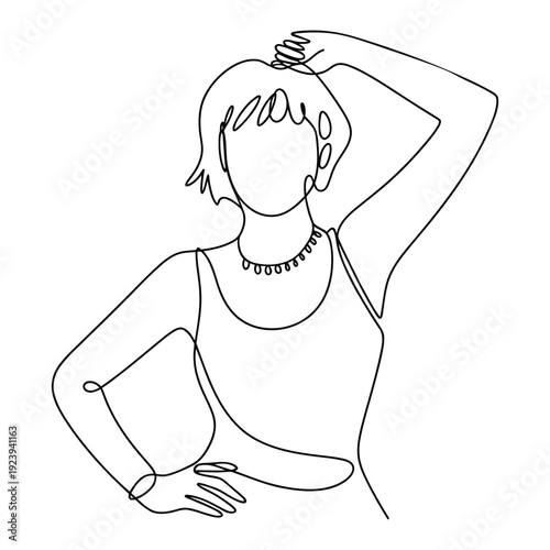continuous line illustration of confident woman posing with hand on head symbolizing self confidence empowerment fashion and modern femininity