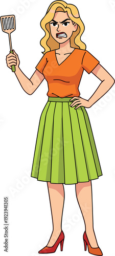 Angry blonde housewife character wearing orange shirt and green skirt holding a fly swatter for domestic frustration discipline and humorous household situation vector.