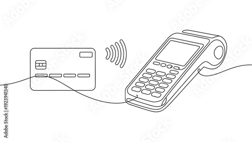 continuous line illustration of credit card connected to pos terminal symbolizing contactless payment digital transaction and fintech concept