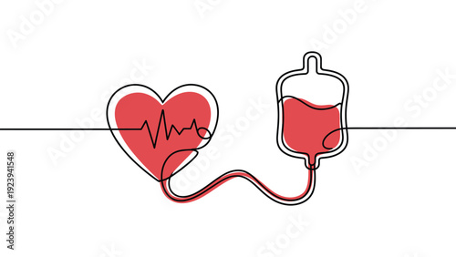 continuous line illustration of heart connected to blood bag symbolizing donation transfusion healthcare and lifesaving medical support