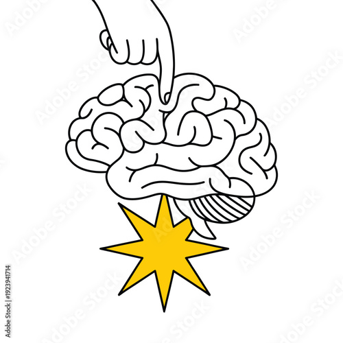 continuous line illustration of hand pressing human brain with impact burst symbolizing mental pressure stress control and psychology concept