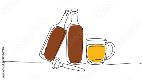 continuous line illustration of herbal tea cup with honey bottles and dipper symbolizing natural remedy wellness and healthy lifestyle