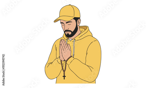 Illustration of Man Praying with Rosary in Yellow Hoodie