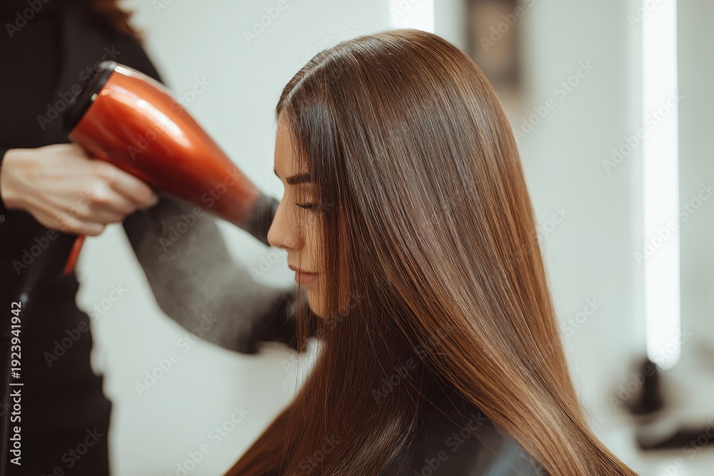 Fototapeta premium Woman with long, shiny, straight brown hair is sitting in the salon chair while her professional stylist dries it with a blow-dryer. Beautiful hairstyle. Close-up of hair styled with an electric dryer