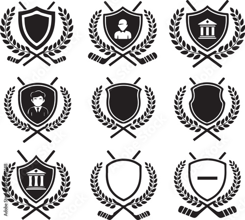 Nine black and white shield emblems with laurel wreaths and crossed hockey sticks crest badge symbol