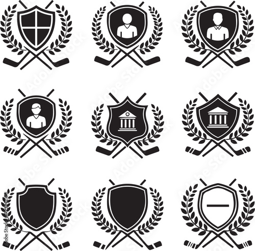 Nine black hockey stick crest emblems with laurel wreaths and shield ice hockey