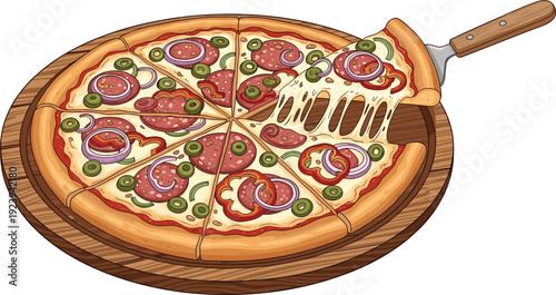 Delicious Italian pepperoni pizza with melted cheese pull on a wooden board including toppings like olives peppers and onions for restaurant menu food delivery vector.