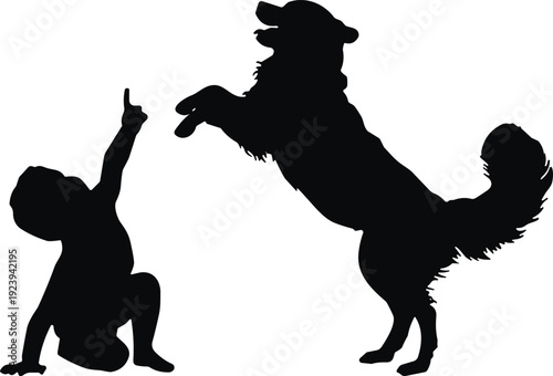 Dog training silhouette with owner, obedient pet performing trick isolated black vector illustration animal behavior concept design