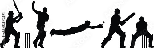 Set of black cricket player silhouettes including batsman hitting ball bowler throwing and fielder catching for sports competition league match and athletic team vector.