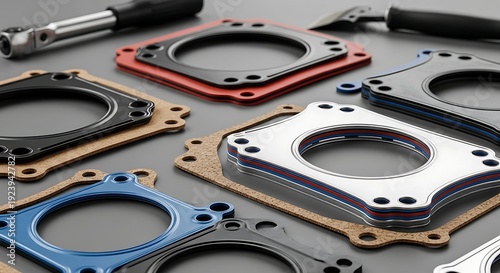 Close up of gaskets and tools on a surface engineering components