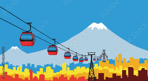 Cable Car Over Cityscape with Majestic Mountain.