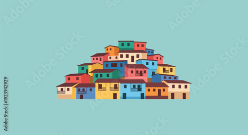Colorful houses stacked together on turquoise background.