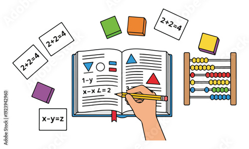 Math Learning with Book, Pencil, Abacus, and Equations
