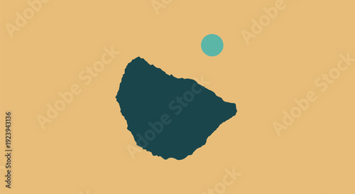 dark green landmass with blue moon on orange background.