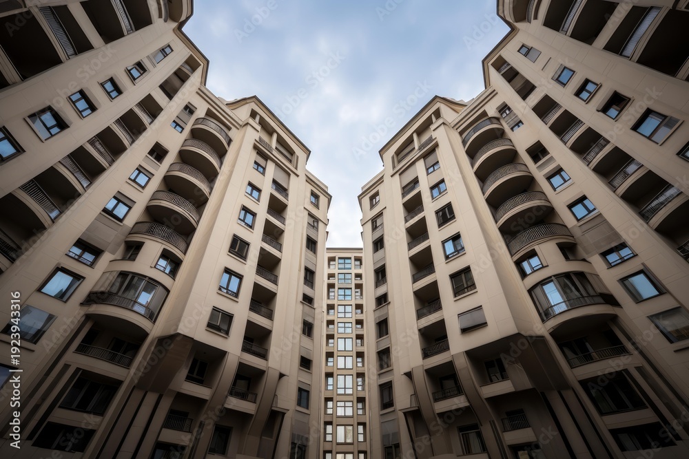 Fototapeta premium Modern residential buildings forming a converging perspective towards the sky