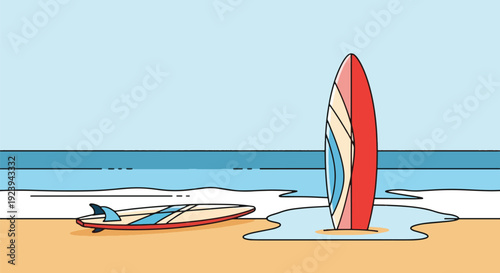 Surfboard and jet ski on sandy beach by ocean.