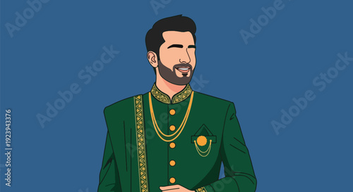 Handsome Man in Traditional Green Suit with Gold Accents.