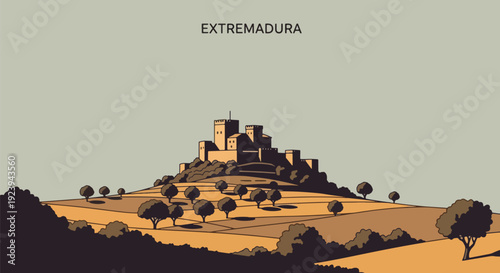 Medieval Castle on Hill Extremadura Landscape.