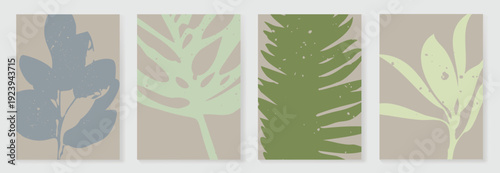 Tropical abstract wall art vector set with soft sage mint leaves and neutral beige tones. Minimal botanical design for home decor prints, posters, gallery walls, branding.