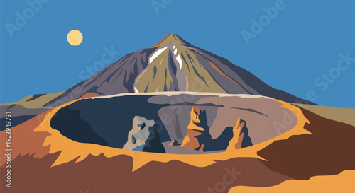 Volcano Crater Landscape with Full Moon.