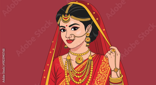 Indian bride in traditional red wedding attire jewelry sari.