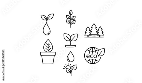 Simple Green Plant Thin Line Vector Icons with Ecology and Sustainability Symbols