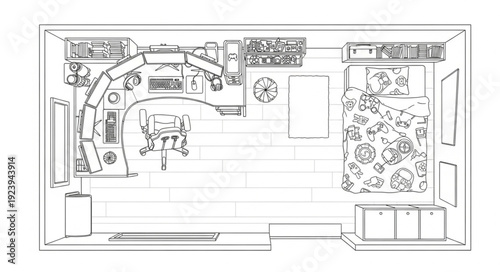 Detailed architectural blueprint showcasing interior design elements and spatial arrangement of a room.