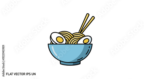 A bowl of steaming noodles with eggs and chopsticks viewed from the front