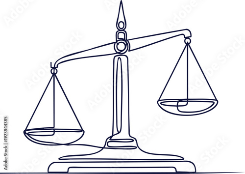 A continuous line drawing of a balance scale on a white background, symbolizing justice and fairness