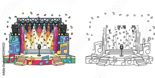 Colorful Concert Stage with Microphone and Confetti - Music Performance Vector