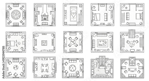 Detailed architectural floor plans showcasing various interior design layouts and room arrangements.