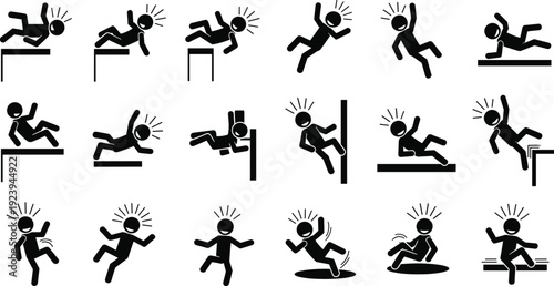 Stick figure accident icons, tripping falling slipping hazard symbols, safety signage graphics, workplace caution illustrations, instructional warning pictograms for danger alerts