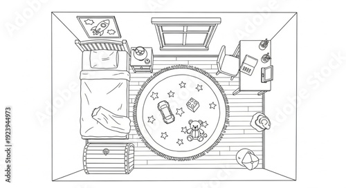 Detailed top-down view of a room with a large circular rug and furniture.