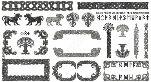 Nordic Viking Runic Borders and Celtic Woodcarving Vector Elements
