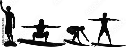Surfing silhouette vector illustration sequence, surfer standing balance poses, learning surfboard technique artwork, ocean sport lifestyle design, water activity concept artwork
