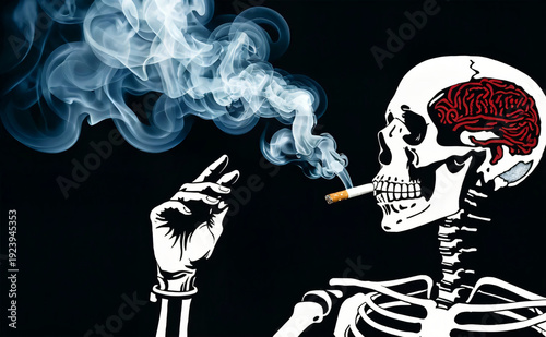 Smoking skeleton exhales smoke with cigarette, graphic warning about deadly impact brain and health, stark contrast, dark background, dramatic mood