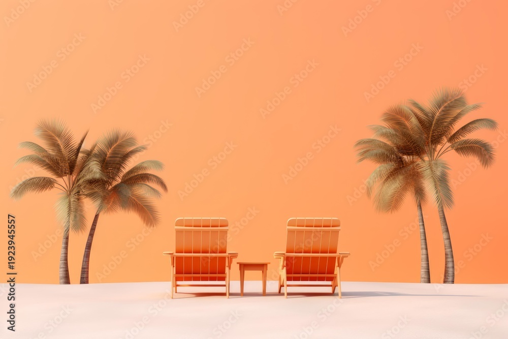 Fototapeta premium Two beach lounge chairs and a small table sitting on sand with palm trees and an orange background