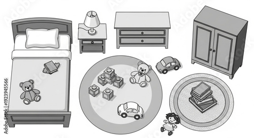 A charming childrens bedroom scene featuring furniture and toys for play and rest.