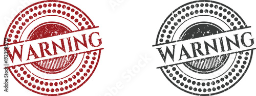 Warning stamp icons set, circular caution labels, red and black hazard symbols, safety signage graphics, workplace danger alert notification design