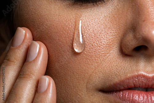 Close-up of cheek with large clear droplet resting on skin, fingers gently touching nearby area. Detailed texture highlights pores and complexion, symbolizing emotion or skincare application, 